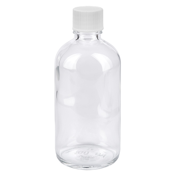 Botella de 100 ml con tapón de rosca de 11 mm blanco ClearLine estándar UT18/100 Frasco de cristal transparente de 100 ml con tapón de rosca blanco de 11 mm, serie ClearLine UT18
