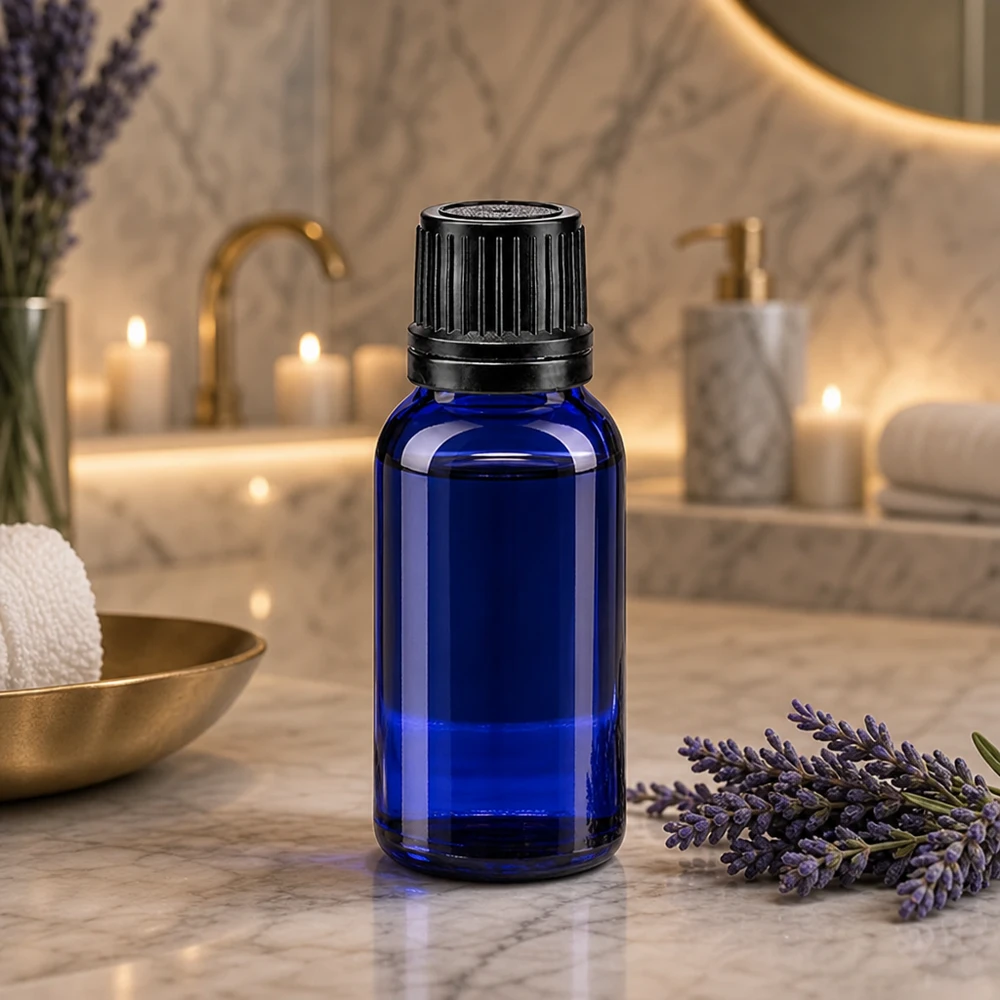 Botella de cristal azul de 10 ml con tapón de seguridad negro sobre mármol, junto a flores de lavanda