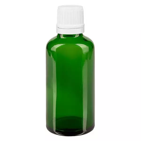Botella de farmacia verde 50ml tapón cuentagotas 1.2mm cierre inviolable blanco Botella de farmacia verde 50ml tapón cuentagotas 1.2mm cierre inviolable blanco