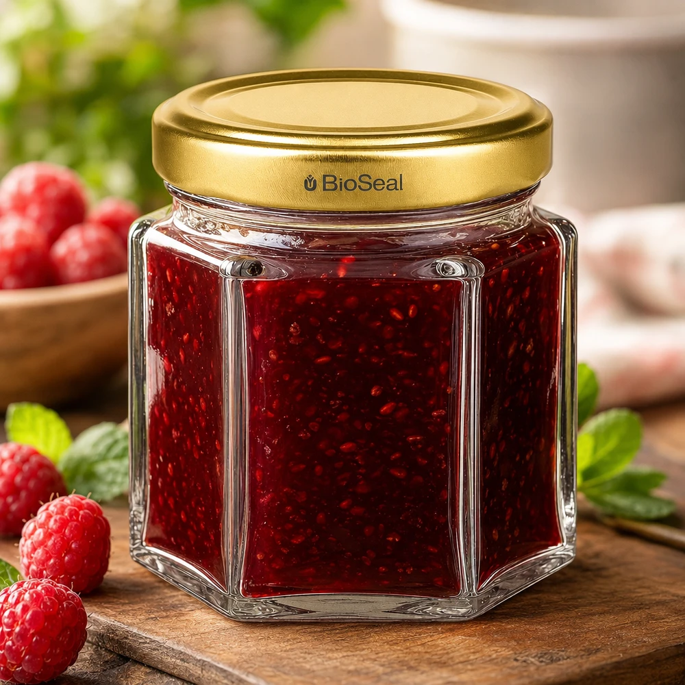 Tarro de miel hexagonal de 60 g de BioSeal con mermelada de frambuesa roja sobre una tabla de madera decorada con frambuesas frescas.