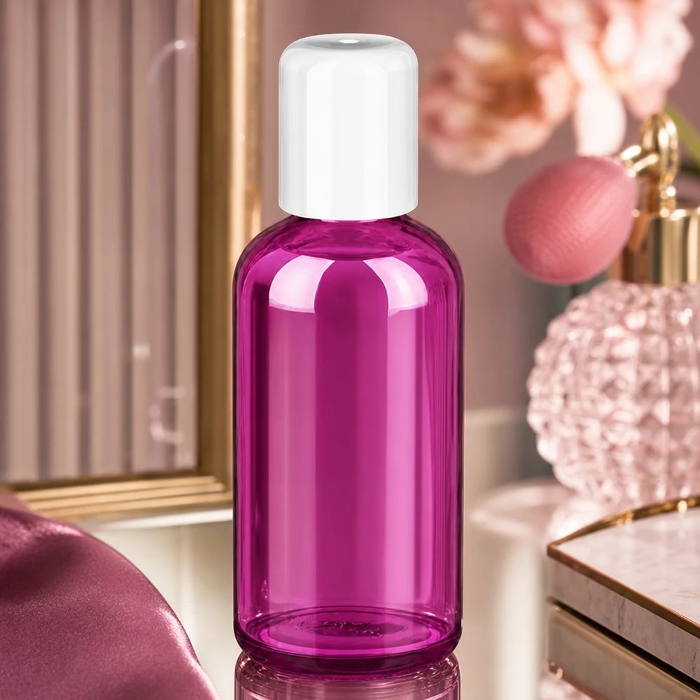 Frasco roll-on transparente de 100 ml de vidrio morado con tapón blanco para aplicaciones cosméticas
