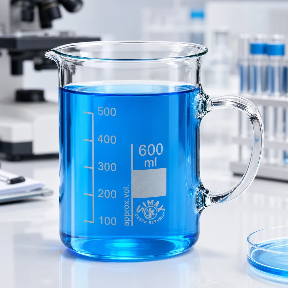 Vaso de precipitados de laboratorio transparente de 600 ml con asa, lleno de líquido azul, en el laboratorio