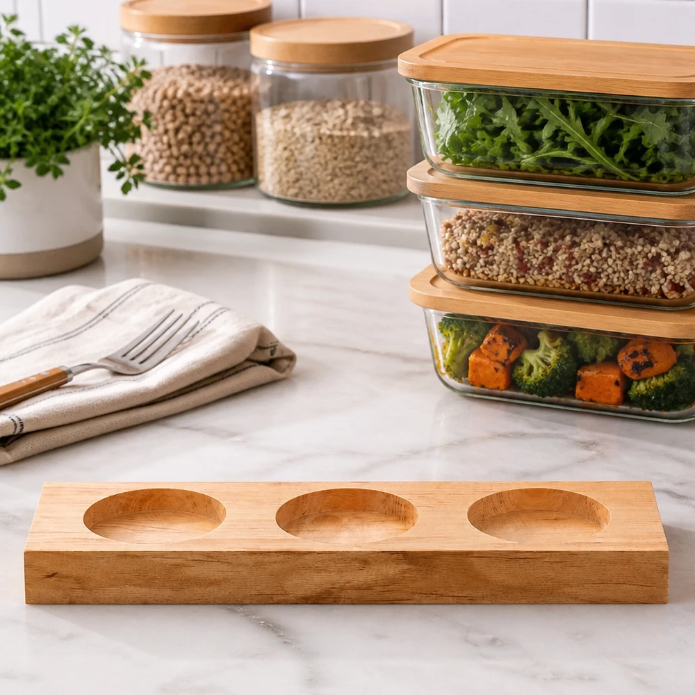 Tabla de servir de bambú Plano3 sobre encimera de mármol en cocina moderna con recipientes de preparación de comidas y tarros de almacenamiento