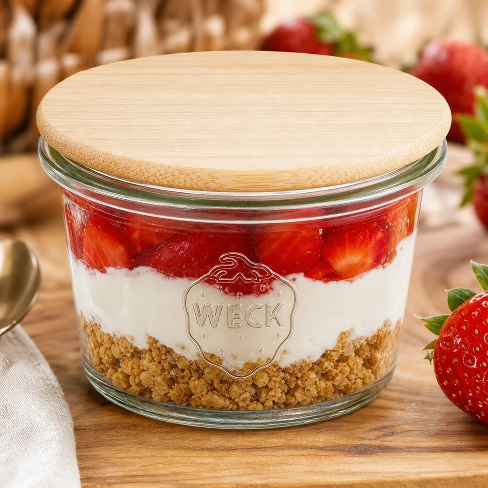 WECK mini mason jar 35ml RR40 con tapa de madera de bambú relleno de fresa postre en capas sobre tabla de madera con fresas frescas