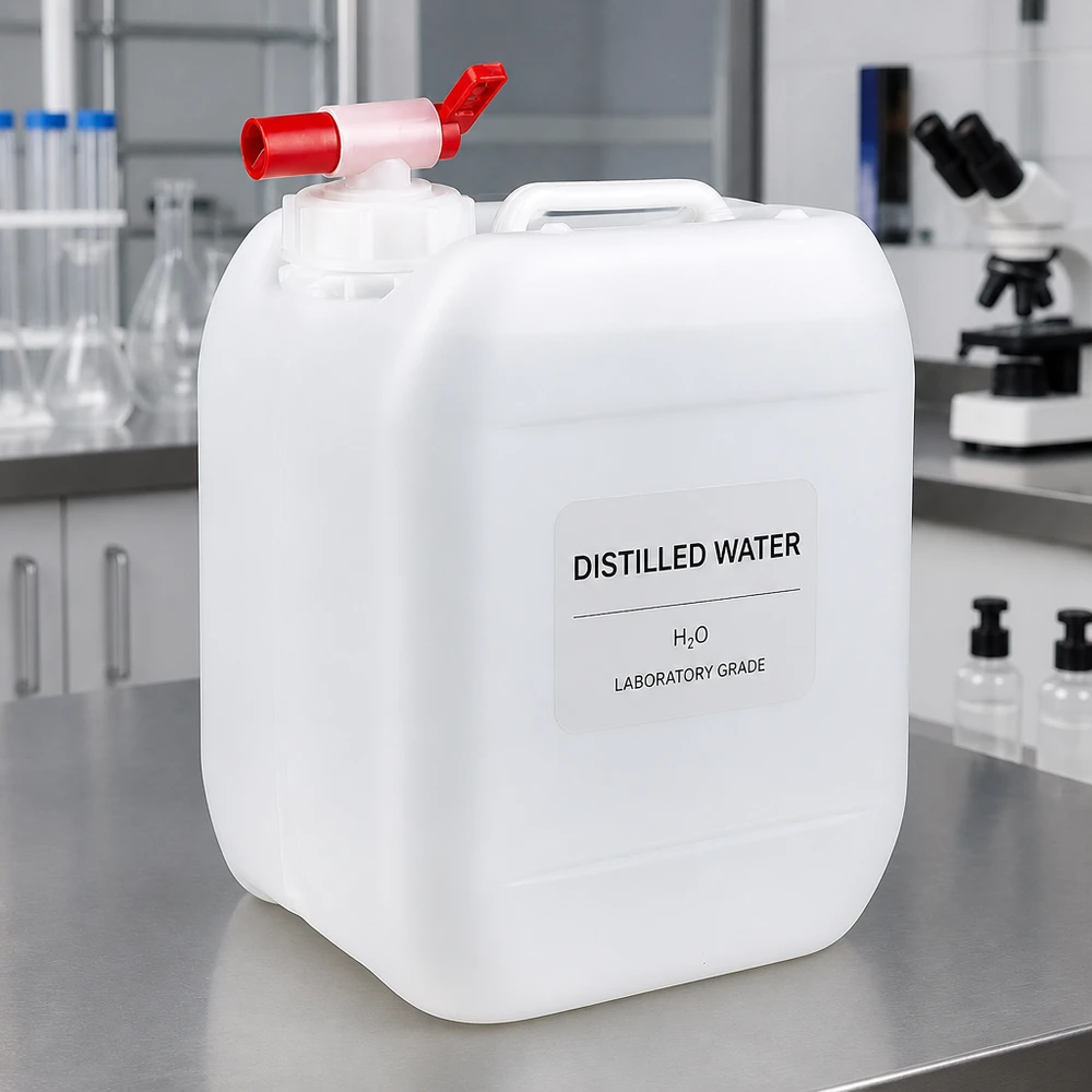 Bidón de laboratorio de 5 litros con agua destilada, etiquetado y práctico grifo