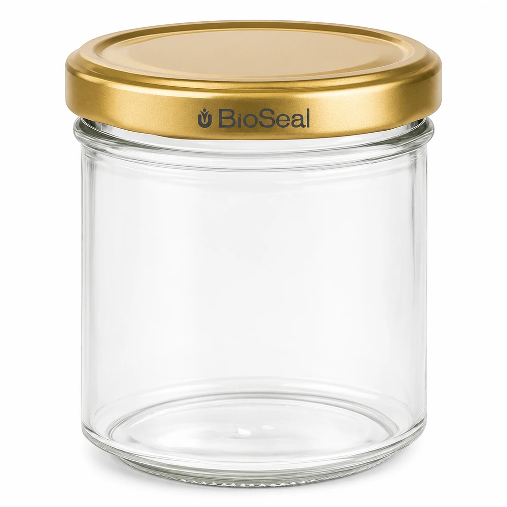 Tarro para miel de 200 g con tapa dorada BioSeal UNiTWIST Tarro de miel de 200 g vacío con tapa de rosca dorada Envase de vidrio transparente BioSeal para mermelada de miel