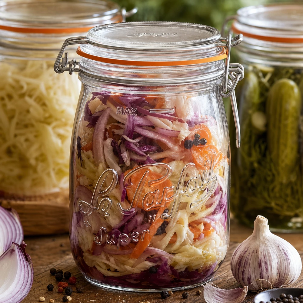 Le Parfait Super tarro de 1000 ml con tapa oscilante relleno de verduras fermentadas y especias