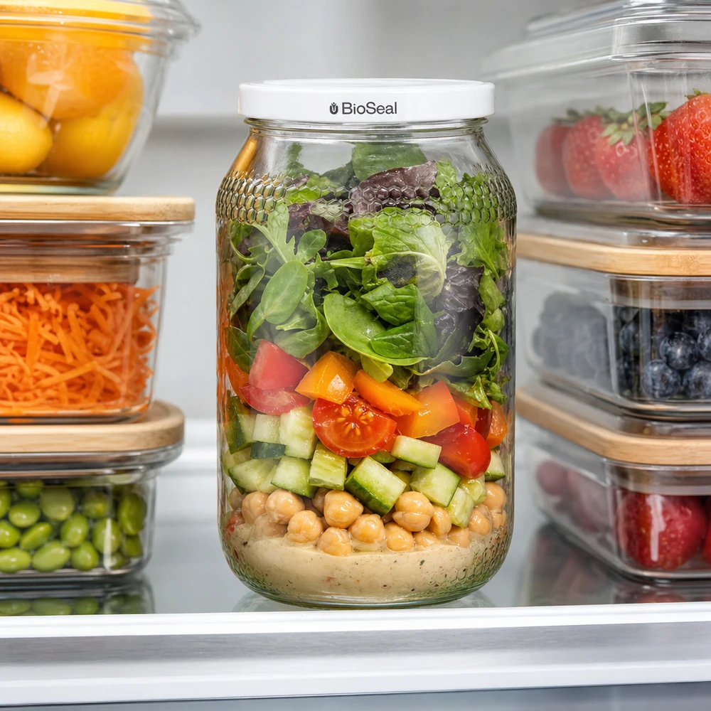 Tarro para miel de 1260 g con tapa blanca BioSeal UNiTWIST Tarro de miel de 900 ml con tapa BioSeal como recipiente de preparación de comidas en el frigorífico lleno de ensalada, garbanzos y verduras.