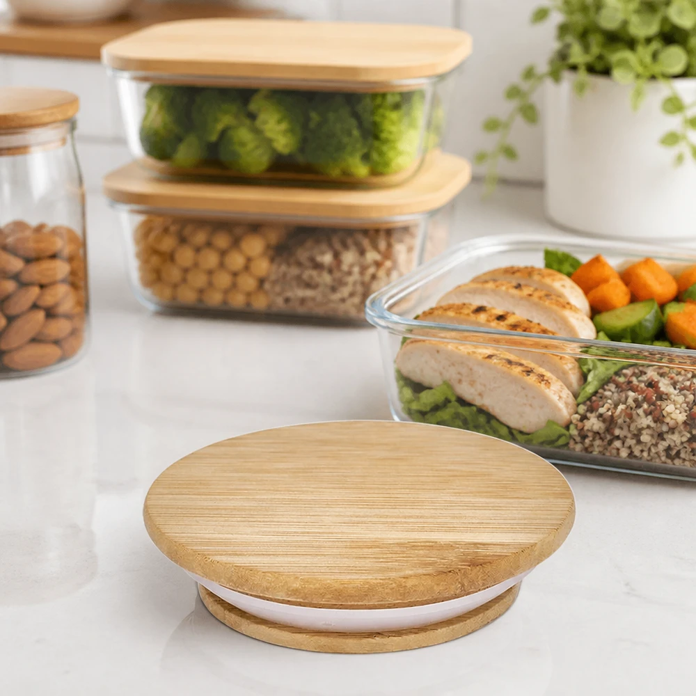 Tapa de madera RR60 para tarros WECK en ambiente de cocina con recipientes de preparación de comidas y alimentos saludables