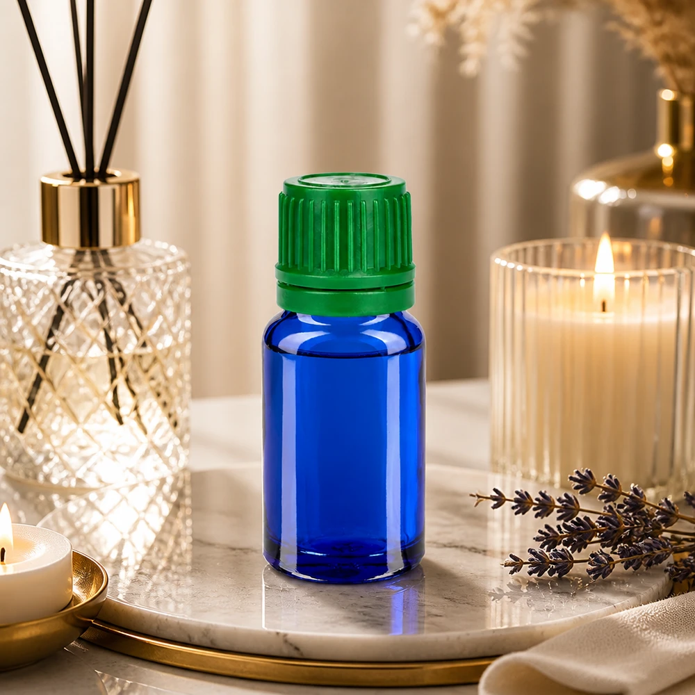 Frasco de vidrio de alta calidad de 10 ml de la serie BlueLine con protección UV y tapón verde a prueba de manipulaciones
