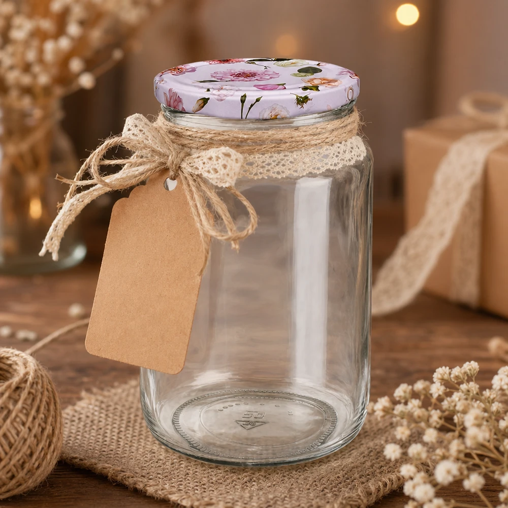 Tarro redondo de 795 ml vacío con tapa BasicSeal flores rosas decoración rústica cordón de yute etiqueta de papel kraft envase de regalo