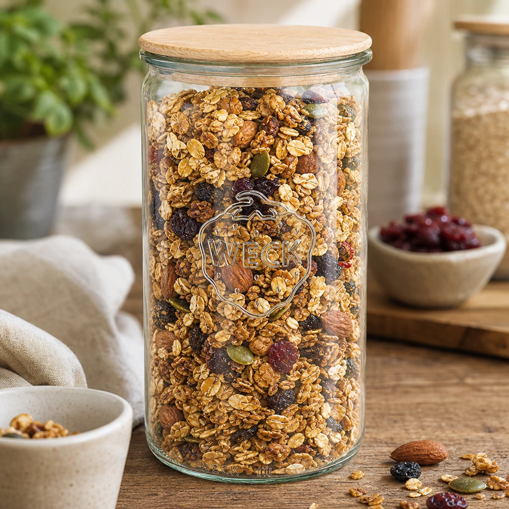 Tarro WECK 1590ml RR100 lleno de muesli y frutos secos como organizador de cocina sobre una mesa de madera