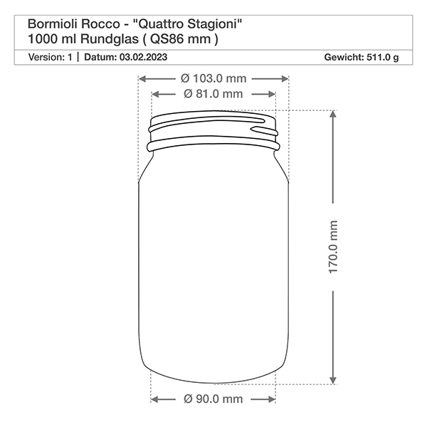 Tarro redondo "Quattro Stagioni" de 1000ml con tapa Dibujo técnico 1000ml Quattro Stagioni vaso redondo con dimensiones diámetro altura 170mm Bormioli Rocco especificación