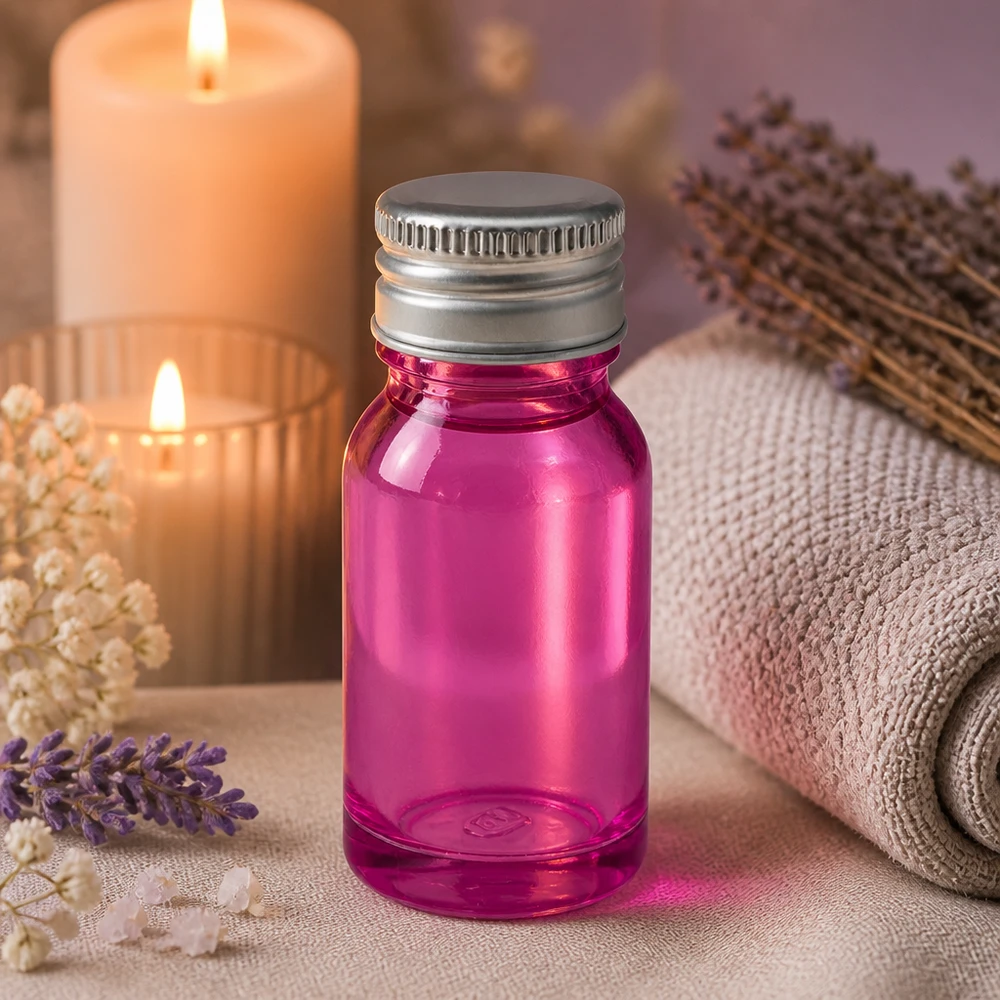 Frasco de vidrio morado de 10 ml con abertura de 11 mm y tapa de aluminio plateado para wellness y spa