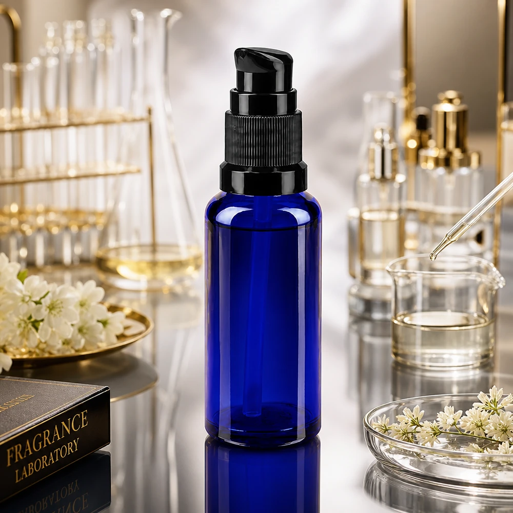 Frasco de vidrio ApoGlas de 30 ml de color azul cobalto con dosificador negro en un entorno de laboratorio