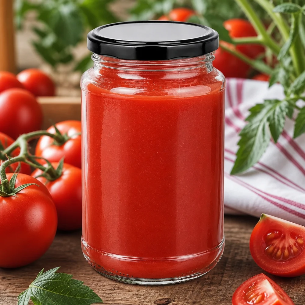 Vaso redondo de cristal UNiTWIST de 320 ml con tapón BasicSeal negro, lleno de salsa de tomate roja y rodeado de tomates frescos