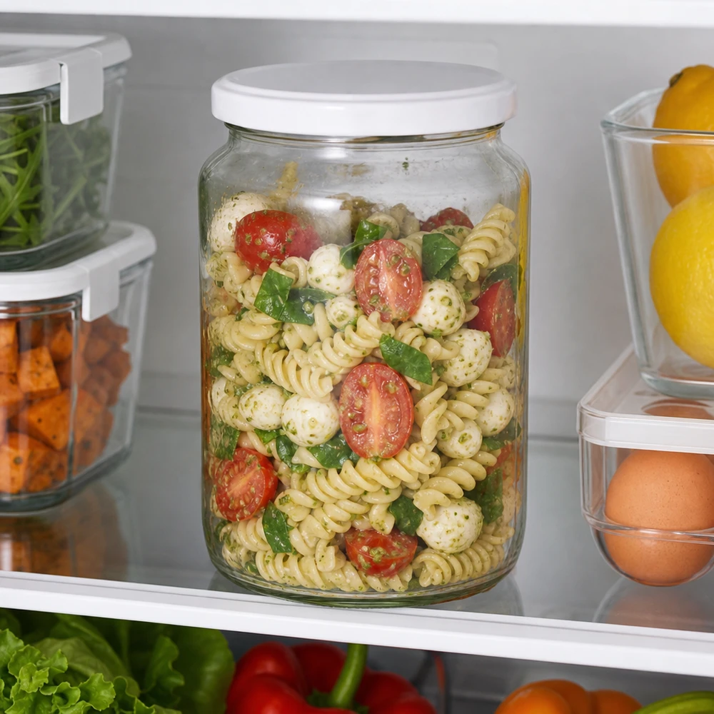 Tarro redondo 795ml con tapa BasicSeal blanco UNiTWIST El tarro redondo UNiTWIST de 795 ml como recipiente de preparación de comidas en el frigorífico lleno de ensalada de pasta muestra una perfecta conservación de la frescura