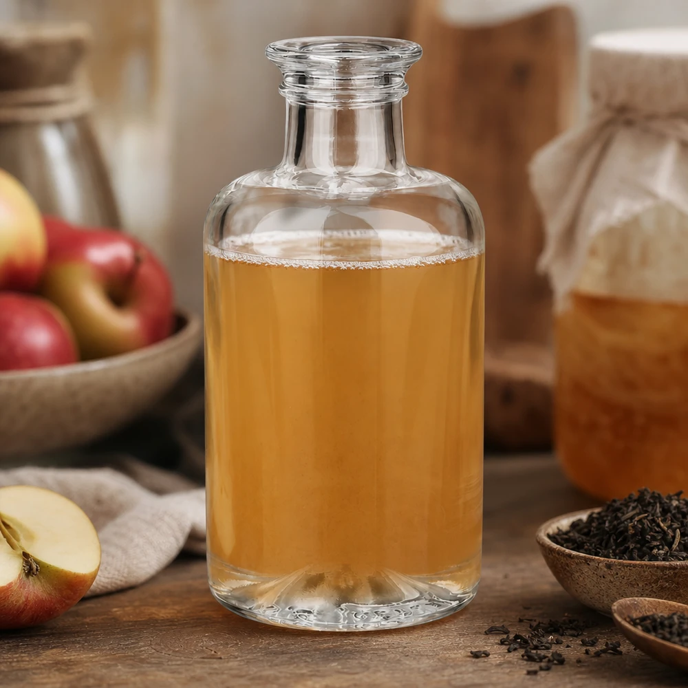 Botella de cristal Sofía de 100 ml llena de zumo de manzana junto a manzanas frescas y hierbas de té en una mesa de madera natural