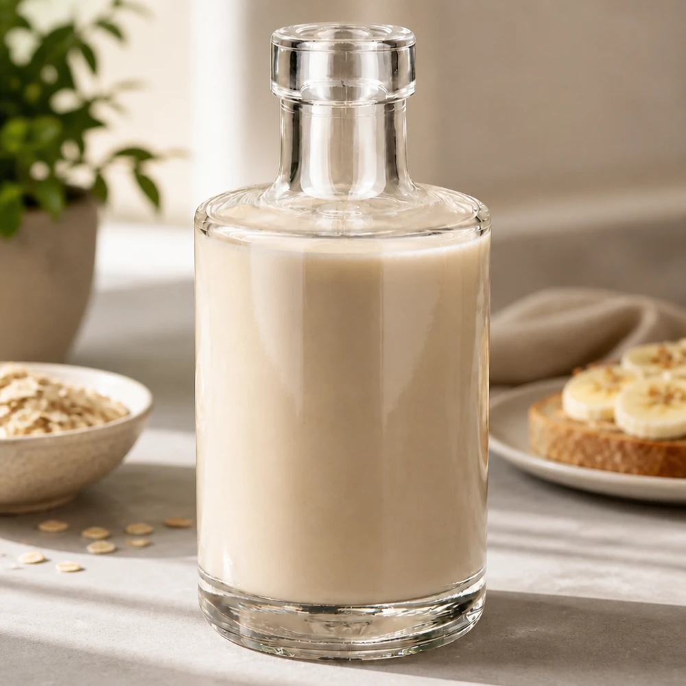 Botella de cristal Marie 200ml llena de leche de avena Escena de cocina Lifestyle con copos de avena y pan Aplicación