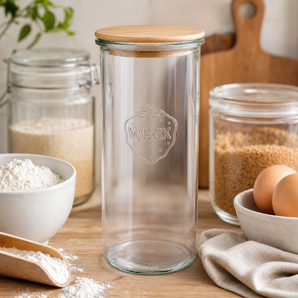Vasos WECK RR100 de 1500ml con tapa de madera WECK RR100 Tarro de 1500ml con tapa de madera para harina cereales repostería cocina decoración estilo escandinavo