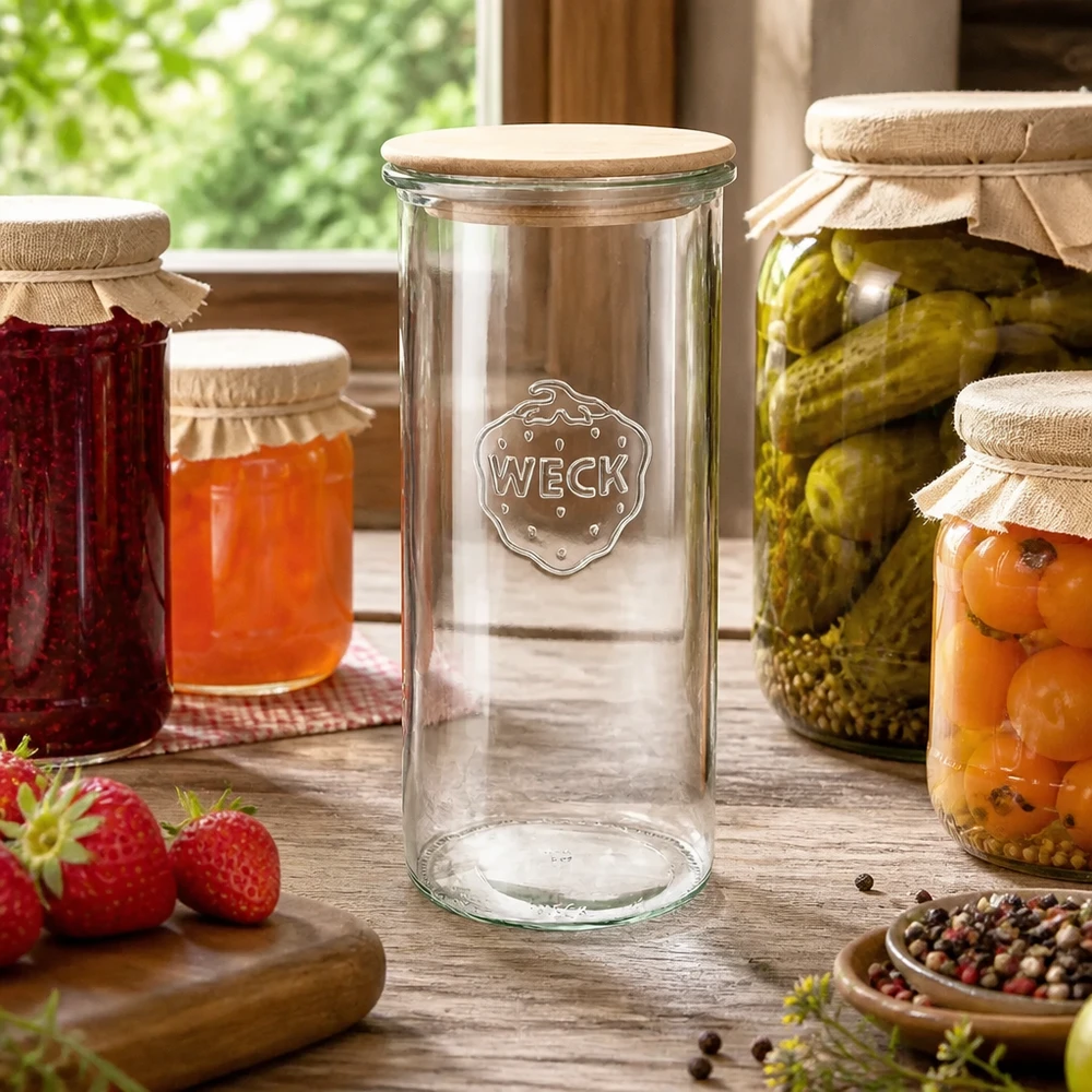 WECK RR100 Tarro de conserva de 1500ml con tapa de madera en cocina rústica con mermelada y pepinillos en vinagre