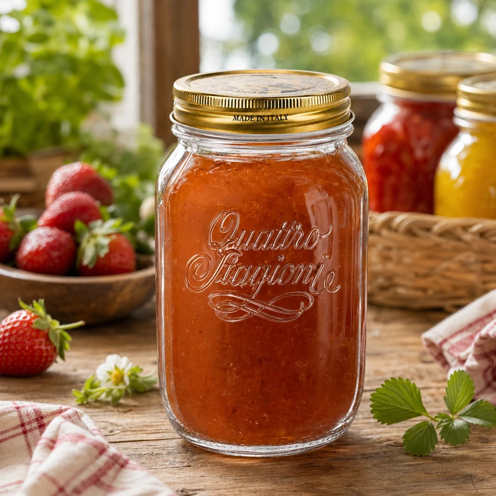 Tarro Quattro Stagioni de 1000 ml lleno de mermelada de fresa casera sobre una mesa de madera rústica Tarro de conserva italiano