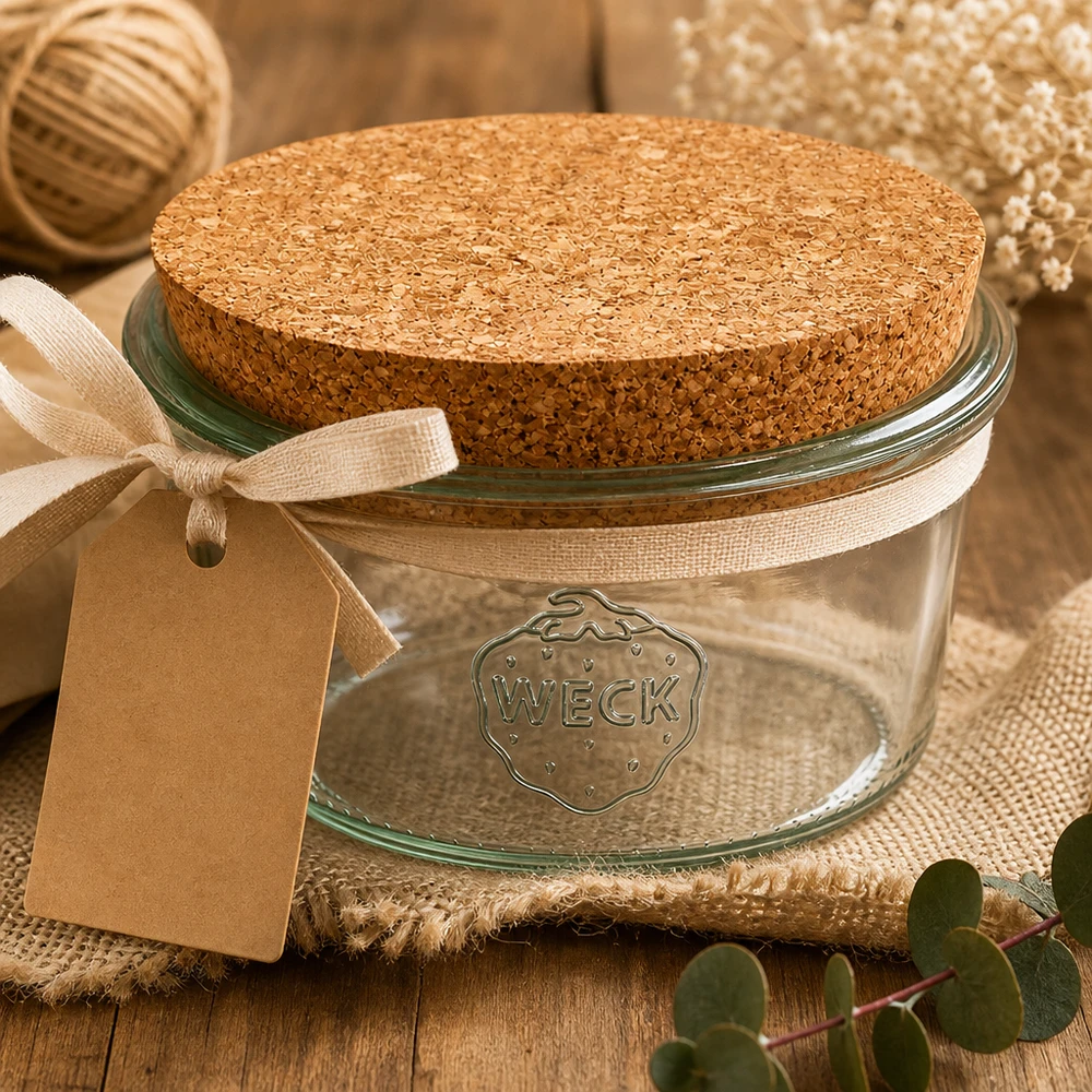 Vaso 165ml WECK RR80 con corcho natural WECK Sturzglas 165ml RR80 mit Korken im rustikalen Dekor mit Geschenkanhänger natürliche Aufbewahrung