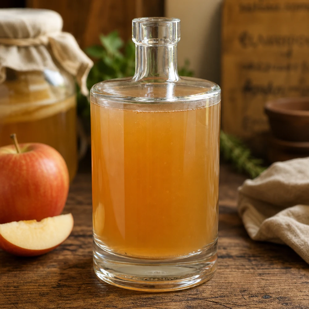 Botella de vidrio de 500 ml «Marie» sin tapón UNiTWIST® Botella de cristal de 500 ml Marie llena de sidra de manzana junto a manzanas frescas muestra el uso versátil para zumos caseros
