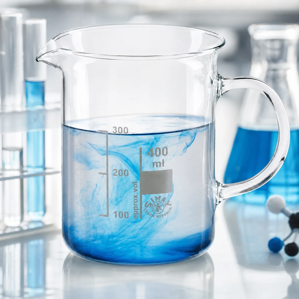 Vaso de precipitados de 400 ml con asa; el colorante azul se disuelve en agua; vidrio borosilicato; material de laboratorio