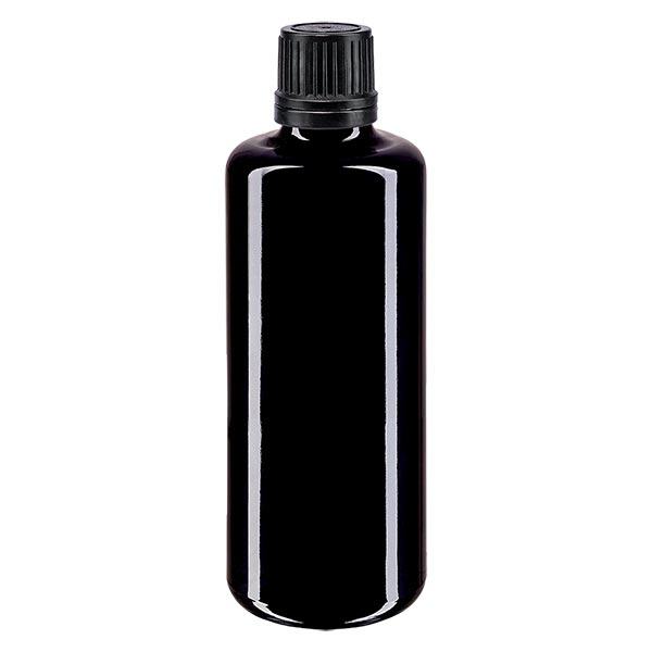 Botella de farmacia violeta 100ml tapón rosca negro anillo vertedor cierre inviolable Botella de farmacia violeta 100ml tapón rosca negro anillo vertedor cierre inviolable