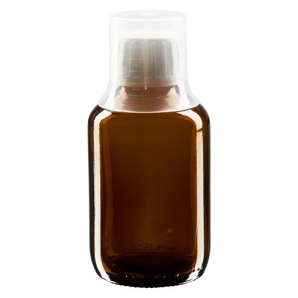 Frasco medicamento 150ml marrón, cierre inviolable con vaso dosificador 30ml ApoGlas Frasco medicamento 150ml marrón, cierre inviolable con vaso dosificador 30ml ApoGlas