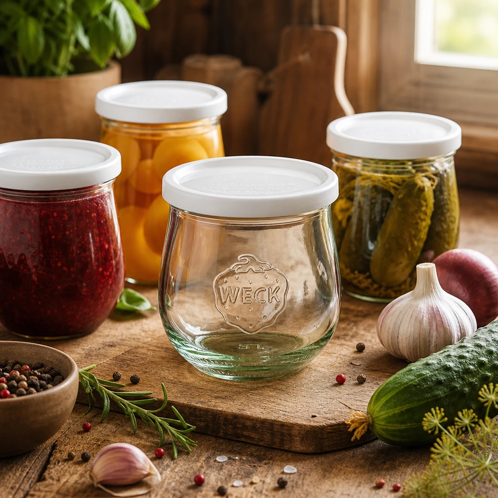 Tarro de cristal con forma de tulipán de 370 ml con tapa hermética WECK RR80 Tarro tulipán WECK 370ml RR80 en escena de cocina con conservas, especias y hierbas dispuestas sobre tabla de madera