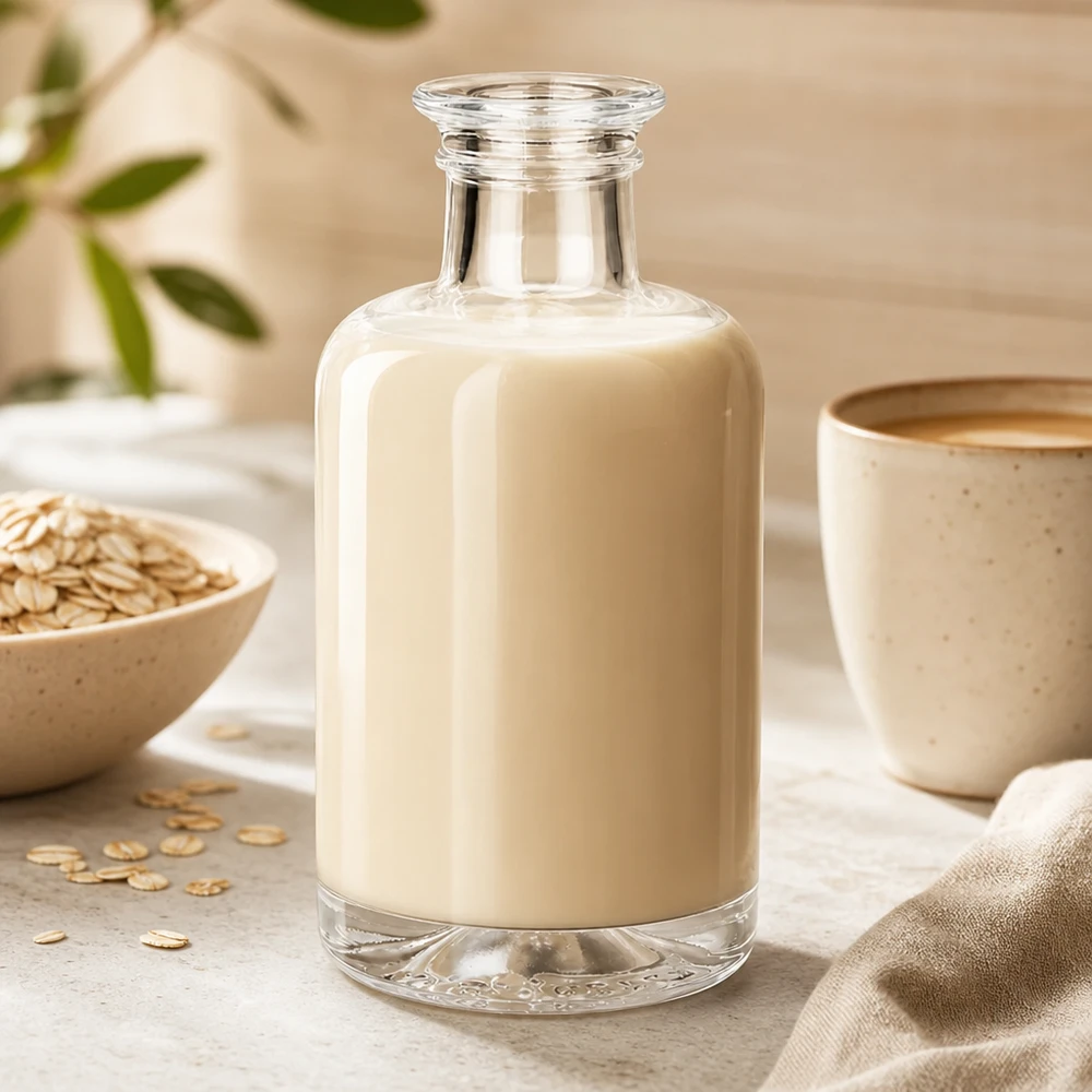 Botella de cristal Sofía de 100 ml llena de leche de avena junto a copos de avena y taza sobre fondo claro