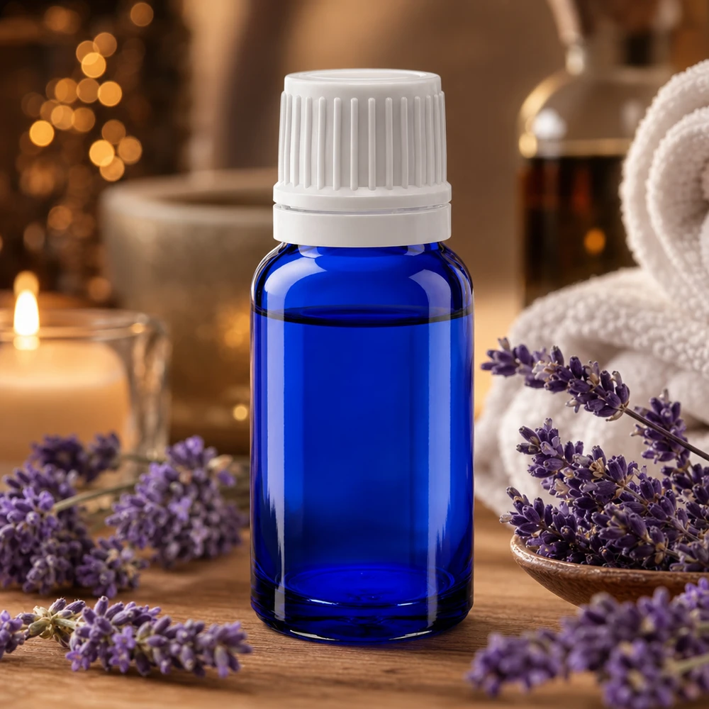 Pequeño frasco de cristal azul de 10 ml con tapón de seguridad para niños de color blanco, para aceites esenciales
