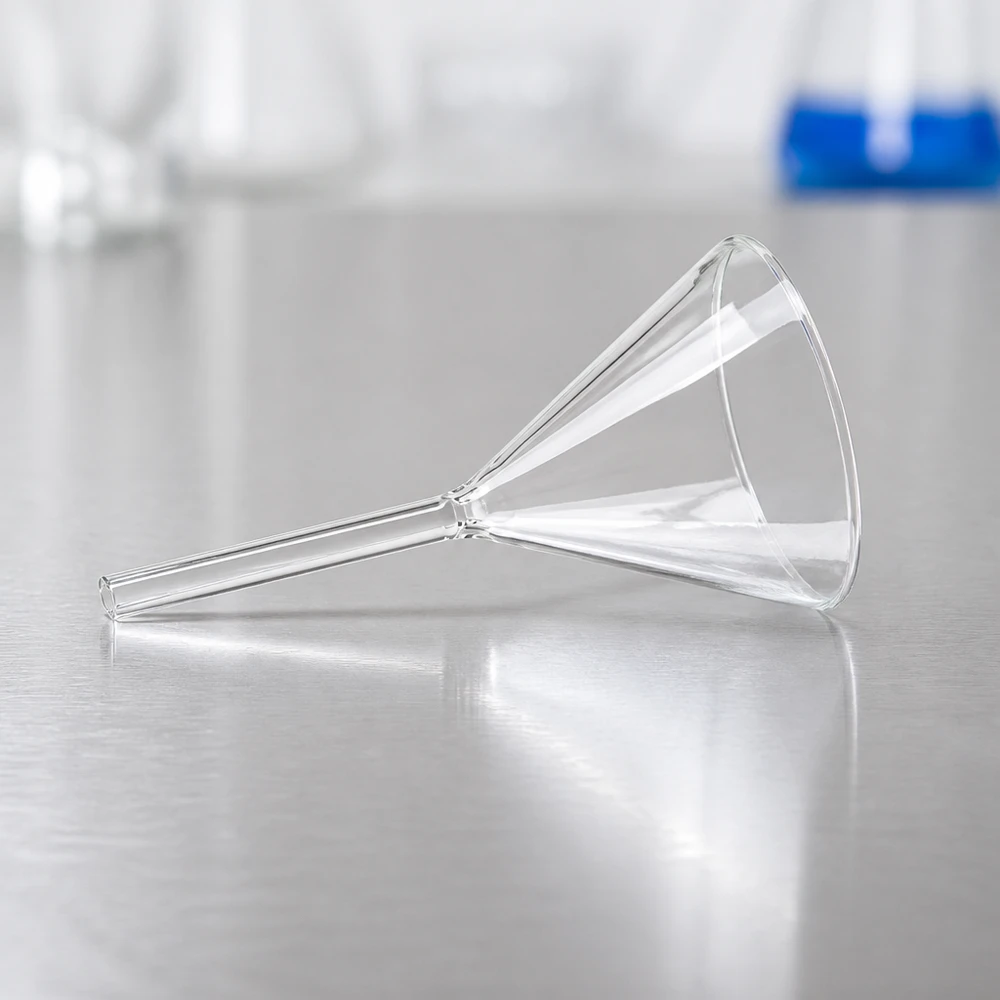 Embudo de laboratorio resistente, fabricado en vidrio sodocálcico, con un diseño compacto que permite un almacenamiento que ahorra espacio