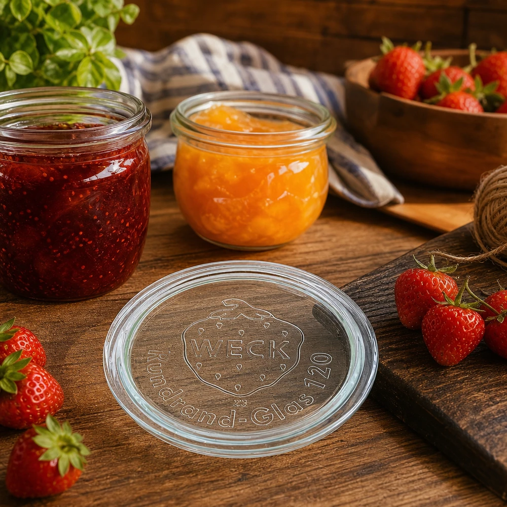 Tapa de cristal WECK RR120 WECK Glasdeckel RR120 für stilvolle Marmeladengläser und Konservierung von Obst in rustikaler Küche mit Erdbeeren