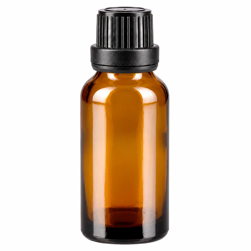 Frasco de cristal marrón de 20 ml con tapón original negro y dosificador de gotas de 2 mm fabricado en cristal de farmacia