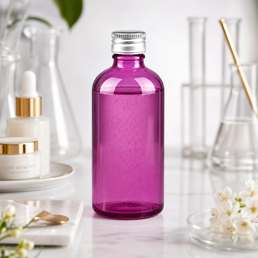 Botella de 100 ml. Tapón de rosca de 11 mm aluminio-plata estándar PurpleLine. UT18/100 Frasco compacto de vidrio de 100 ml en violeta intenso ideal para productos de cuidado de la piel y esencias