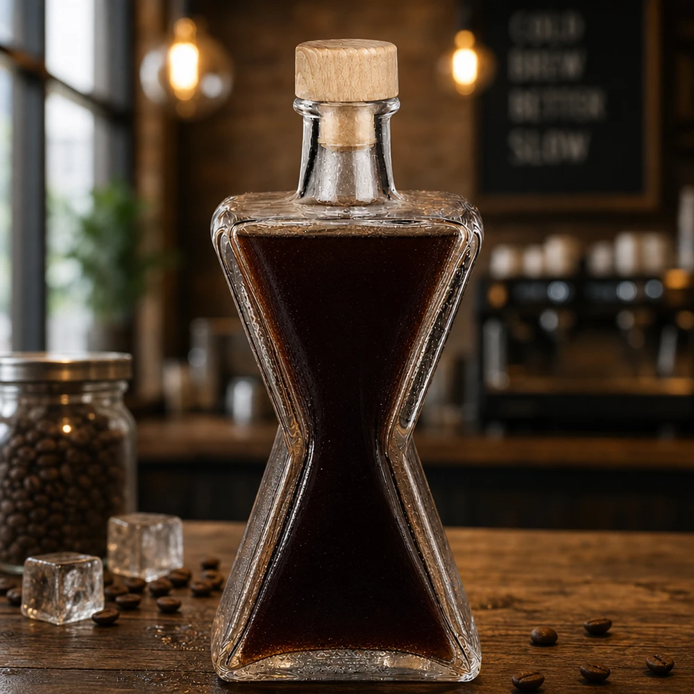 Botella de vidrio de 200 ml «Star» con tapón de corcho con asa de madera UNiTWIST® 200ml Glasflasche Star mit Kaffeelikör befüllt - Holzkorken UNiTWIST in stilvoller Café-Atmosphäre mit Kaffeebohnen