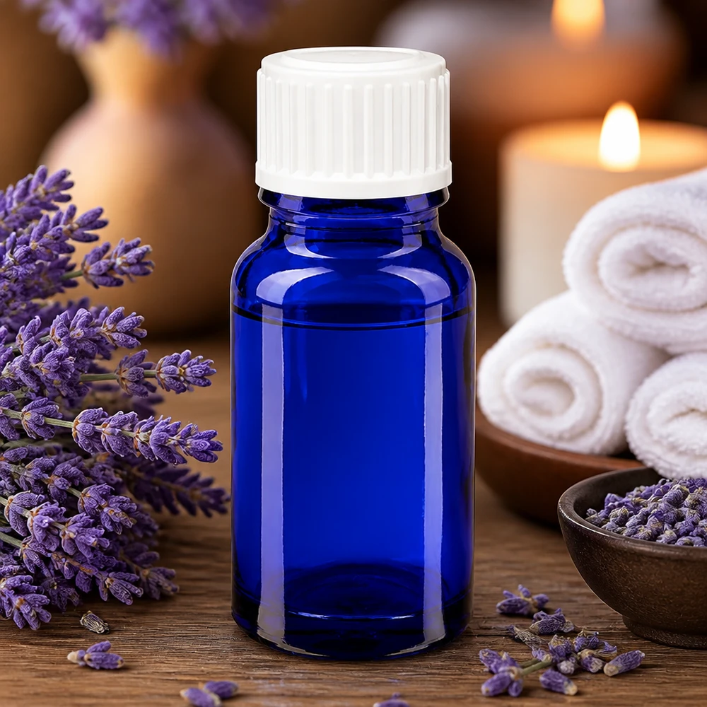 Botellita de cristal azul de 10 ml con tapón de seguridad para niños de color blanco, para aceites esenciales