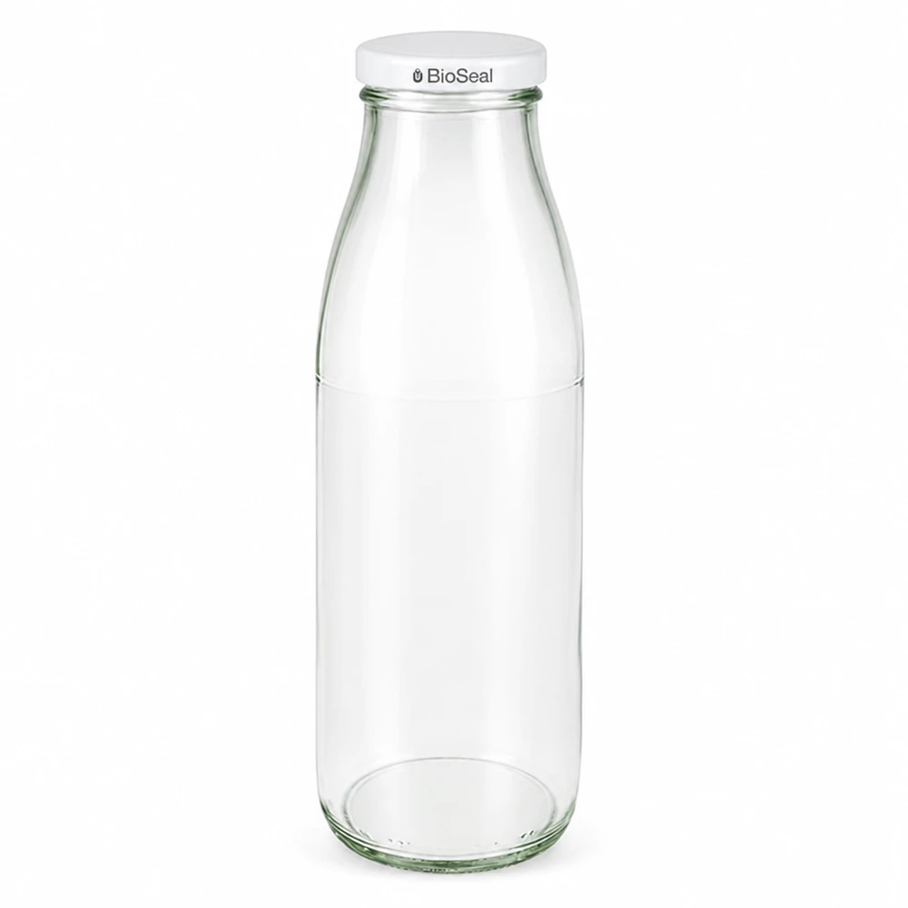 Botella de vidrio de 500 ml con tapa blanca BioSeal, transparente, con certificado de la ONU, botella de leche para alimentos y bebidas