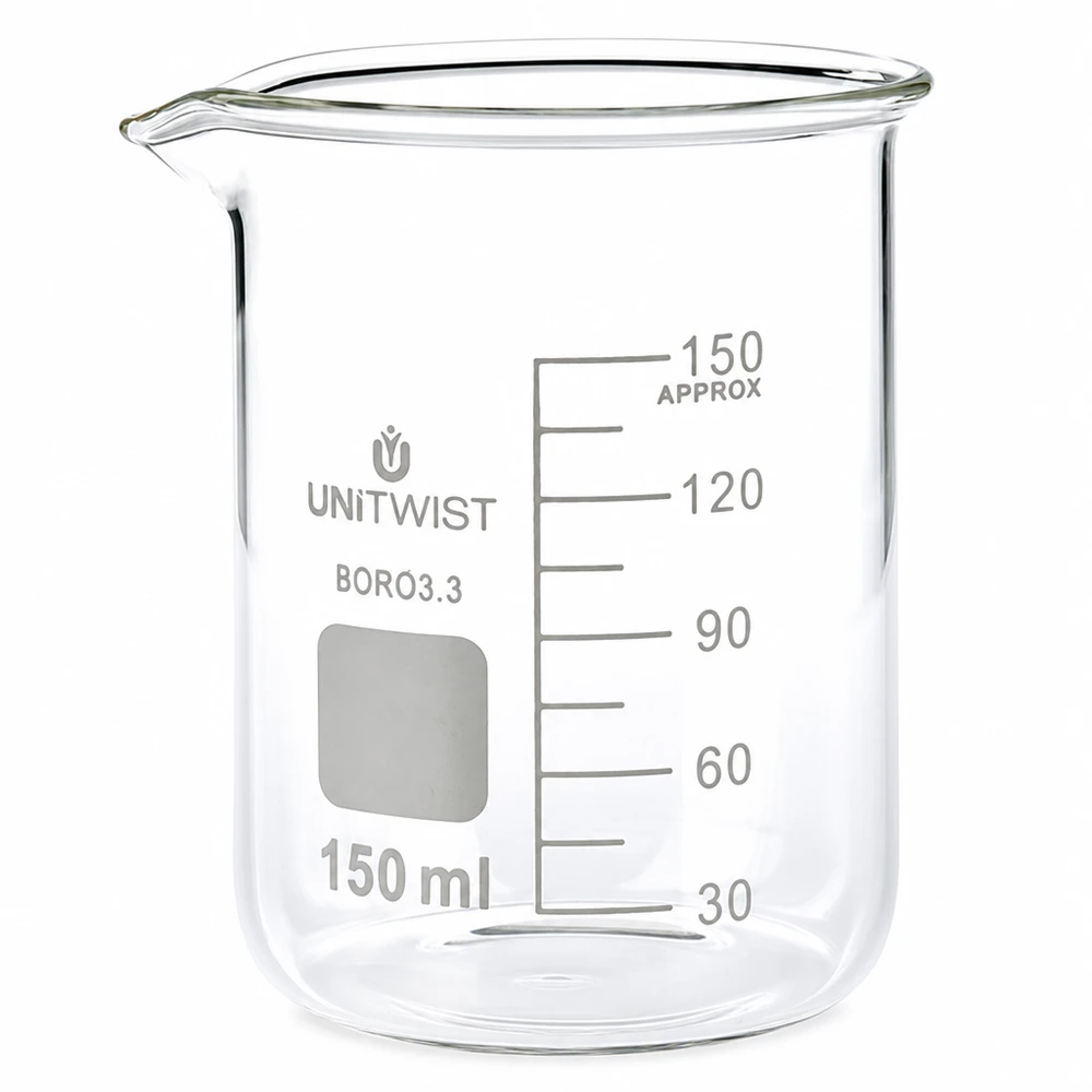 Vaso de precipitados de 150 ml, de borosilicato, de perfil bajo, UNiTwist, transparente, con escala hasta 150 ml