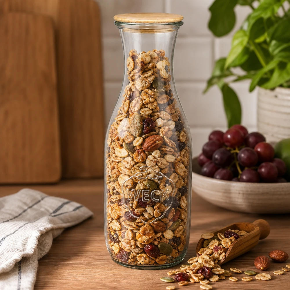1062ml botella de zumo WECK RR60 con tapa de madera Botella de zumo WECK 1062ml con tapa de madera llena de muesli y frutos secos sobre mesa de madera junto a uvas y pala