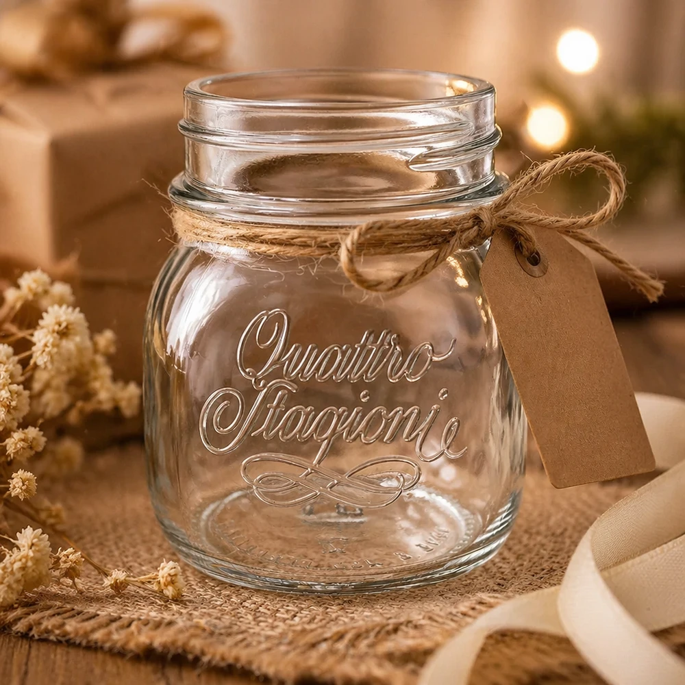 Tarro doméstico Quattro Stagioni de 150 ml con tapa y cinta de yute, tarro de conserva decorativo sobre una mesa de madera rústica