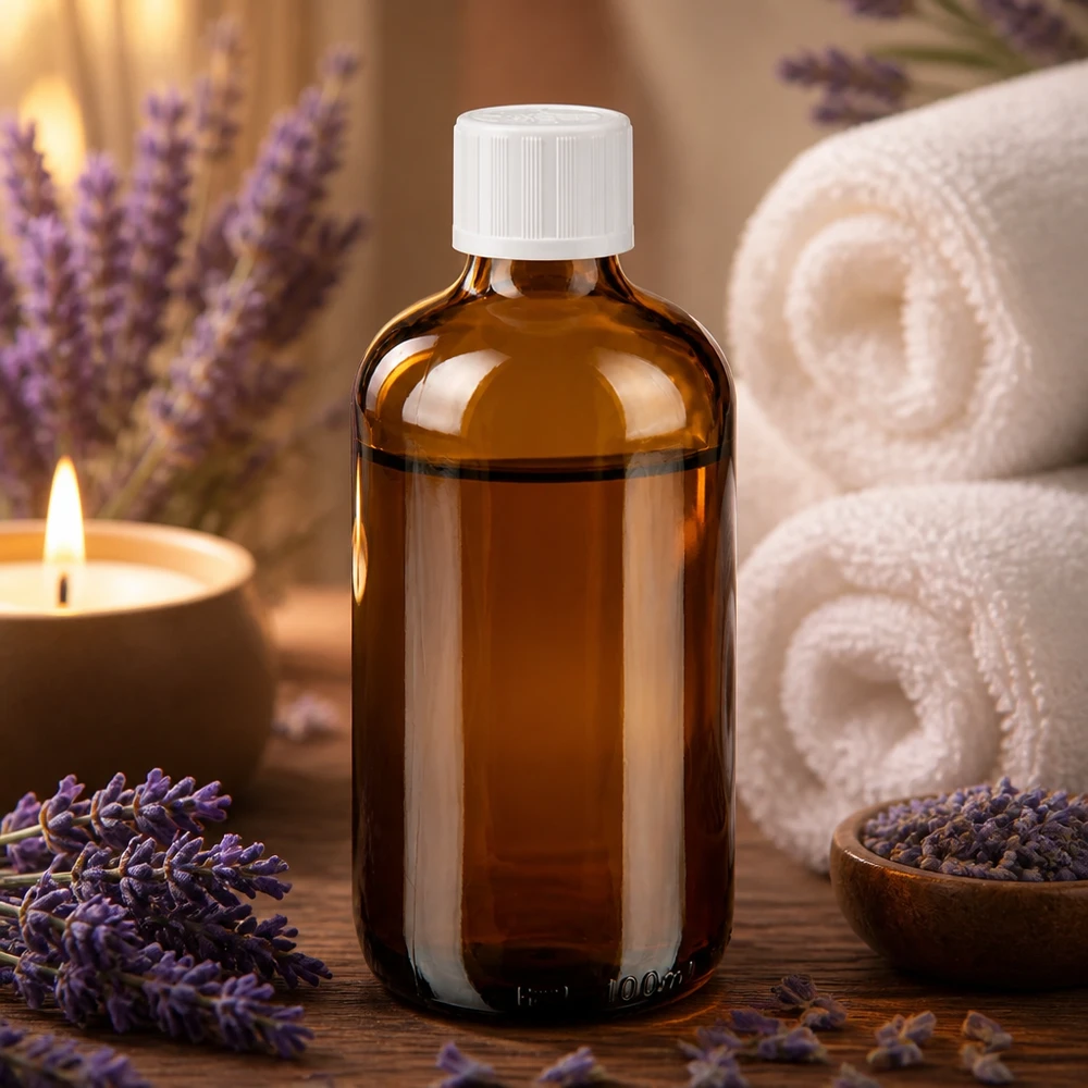 Botella de farmacia marrón 100ml tapón cuentagotas blanco estándar de seguridad infantil Botella de cristal marrón de 100 ml con tapón de rosca blanco, entre flores de lavanda y una vela