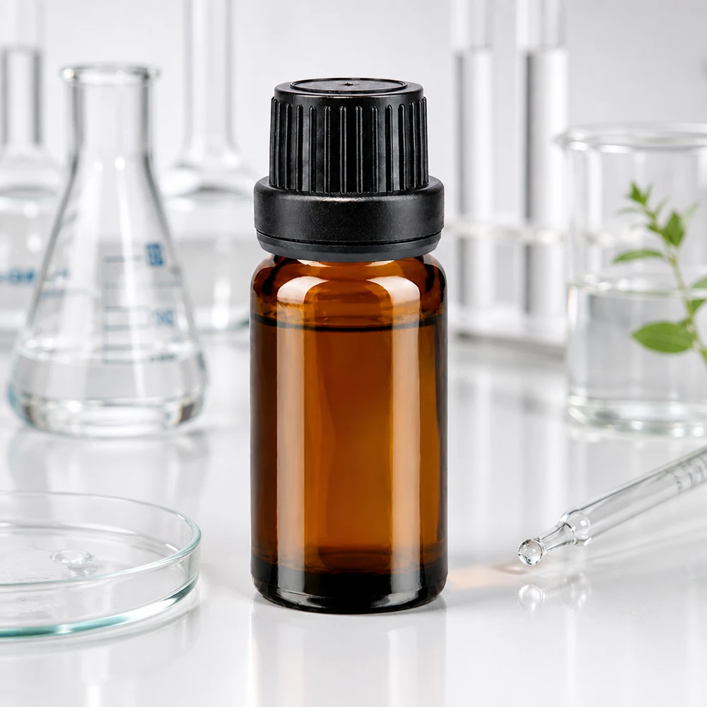 Frasco cuentagotas de 10 ml de color marrón con boquilla cuentagotas de 2 mm y tapón OV negro para uso en laboratorio