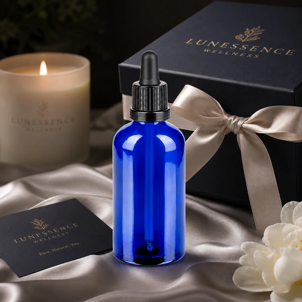 Elegante botella de cristal azul de 100 ml con pipeta negra para productos de bienestar y cuidado de la piel