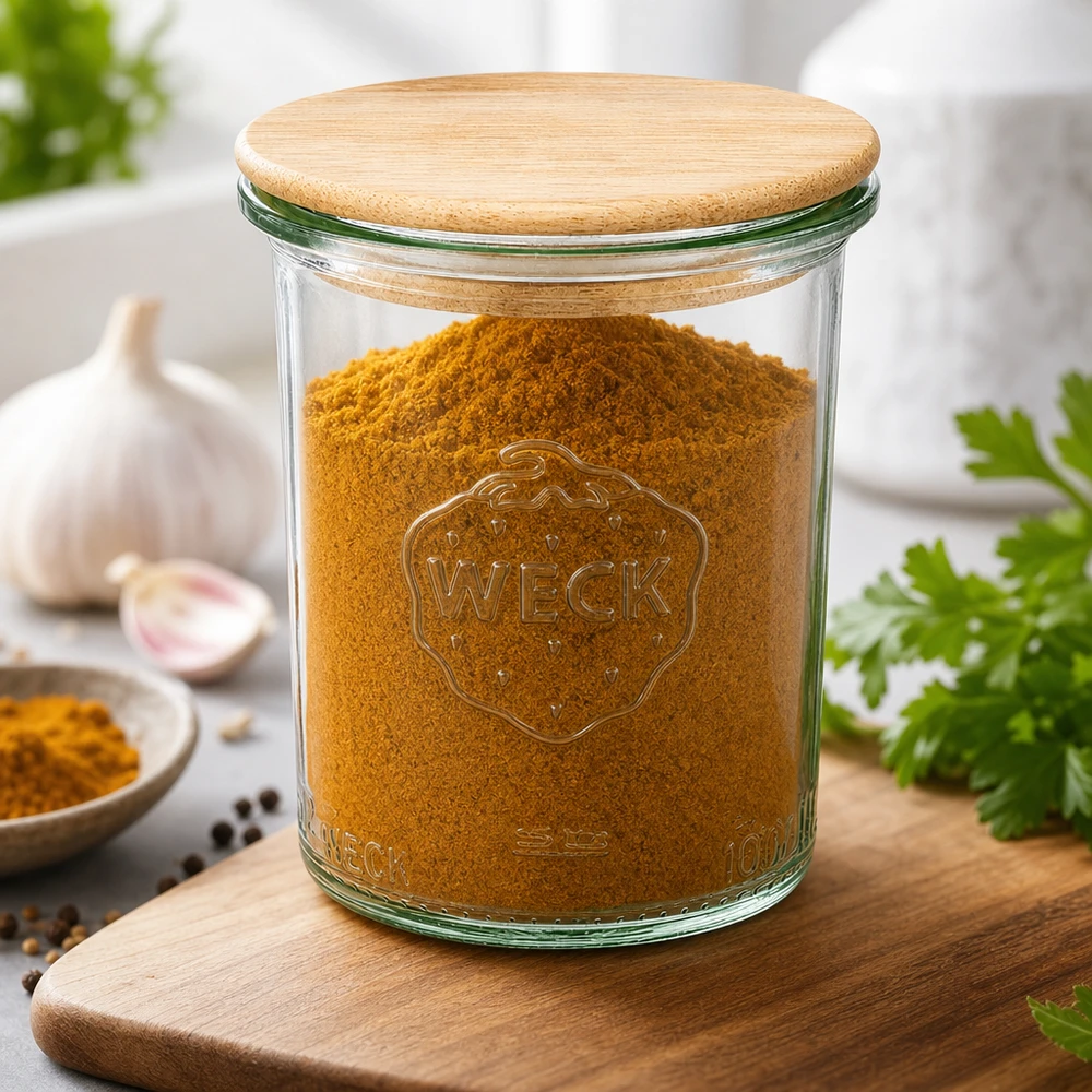 Vasos WECK RR60 de 160 ml con tapa de madera WECK 160ml RR60 mason jar con tapa de bambú lleno de cúrcuma especias tabla de cocina ajo hierbas