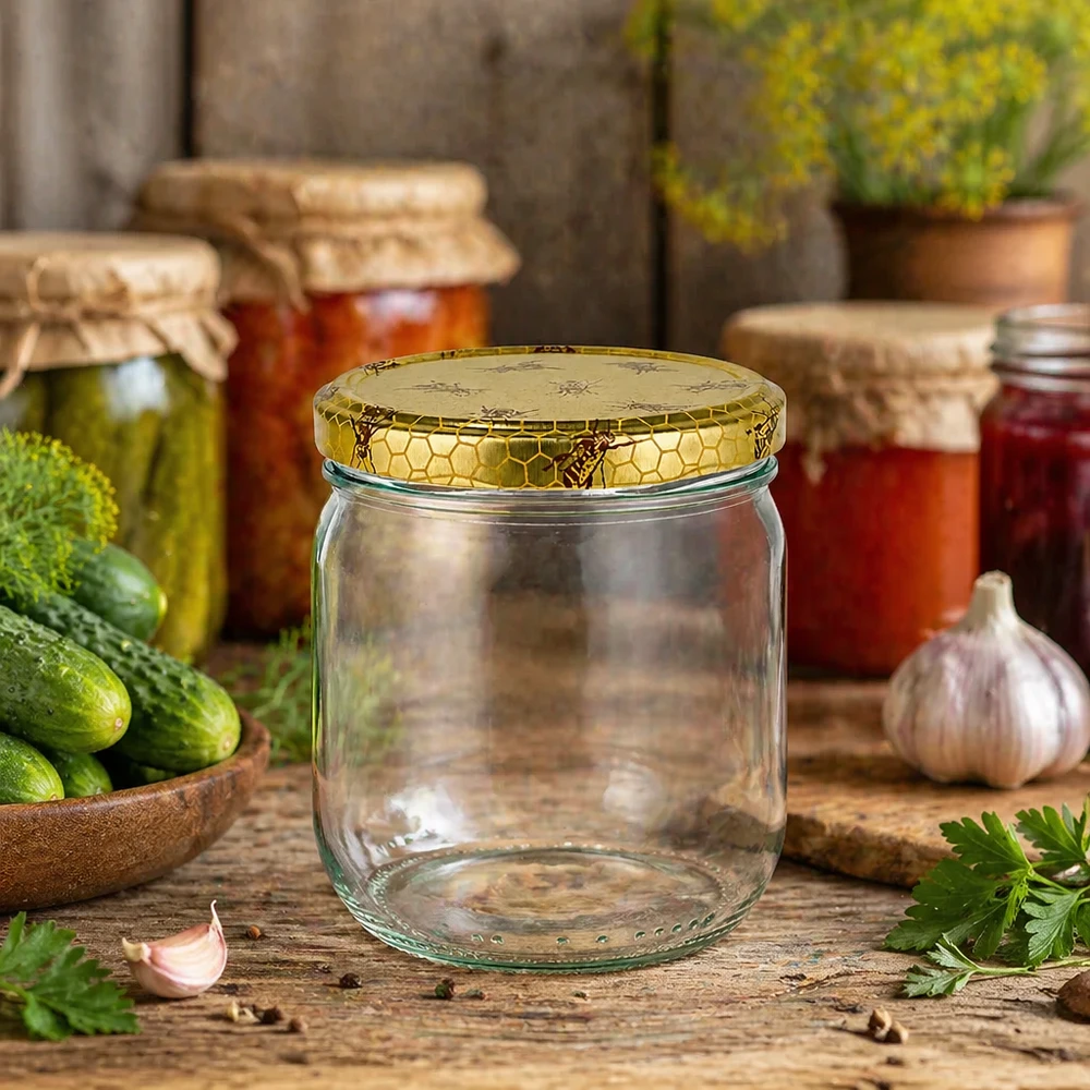 Tarro para miel de 500 g con tapa con diseño de panal BasicSeal UNiTWIST 500g Honigglas mit Bienenwaben-Deckel in rustikaler Küchenatmosphäre mit Einmachgläsern und frischen Kräutern