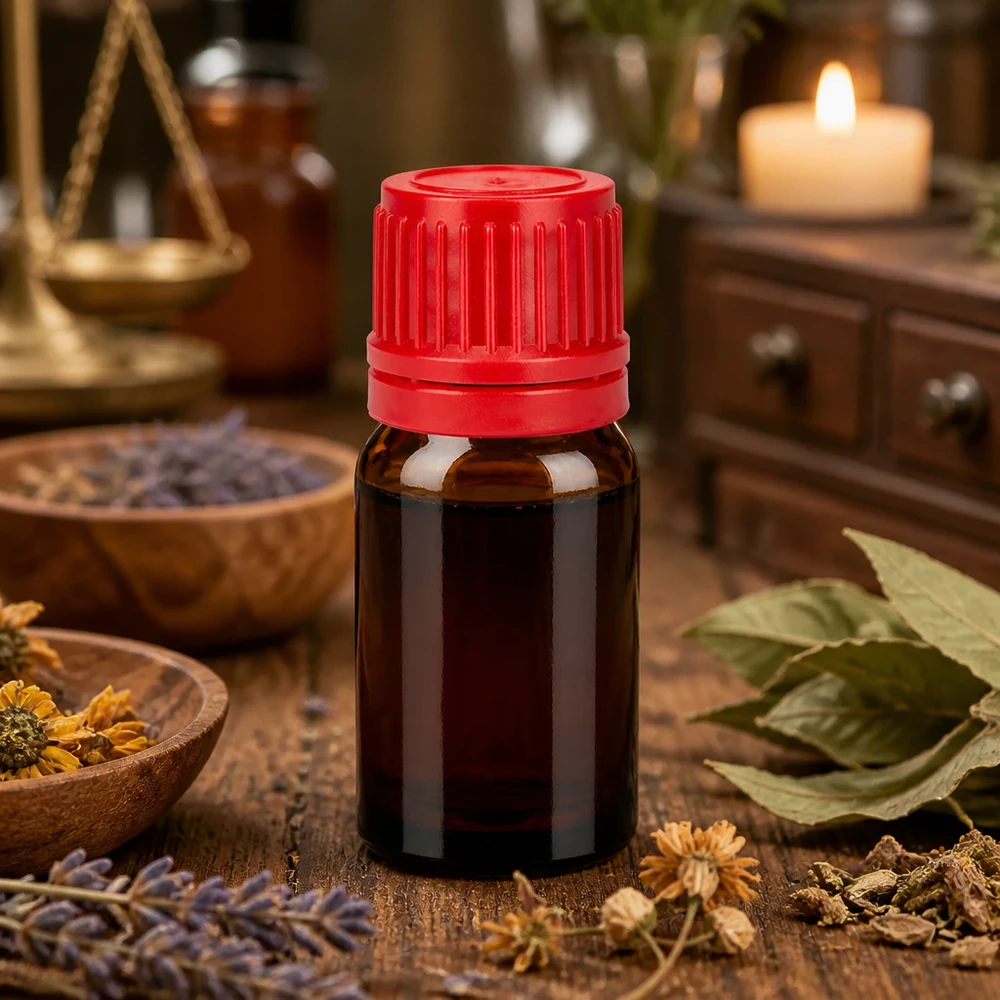 Pequeño frasco de vidrio de 5 ml con tapón rojo ideal para bricolaje cosmético y naturopatía